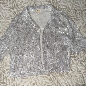 POL Silver Sequin Short Boxy Button Up